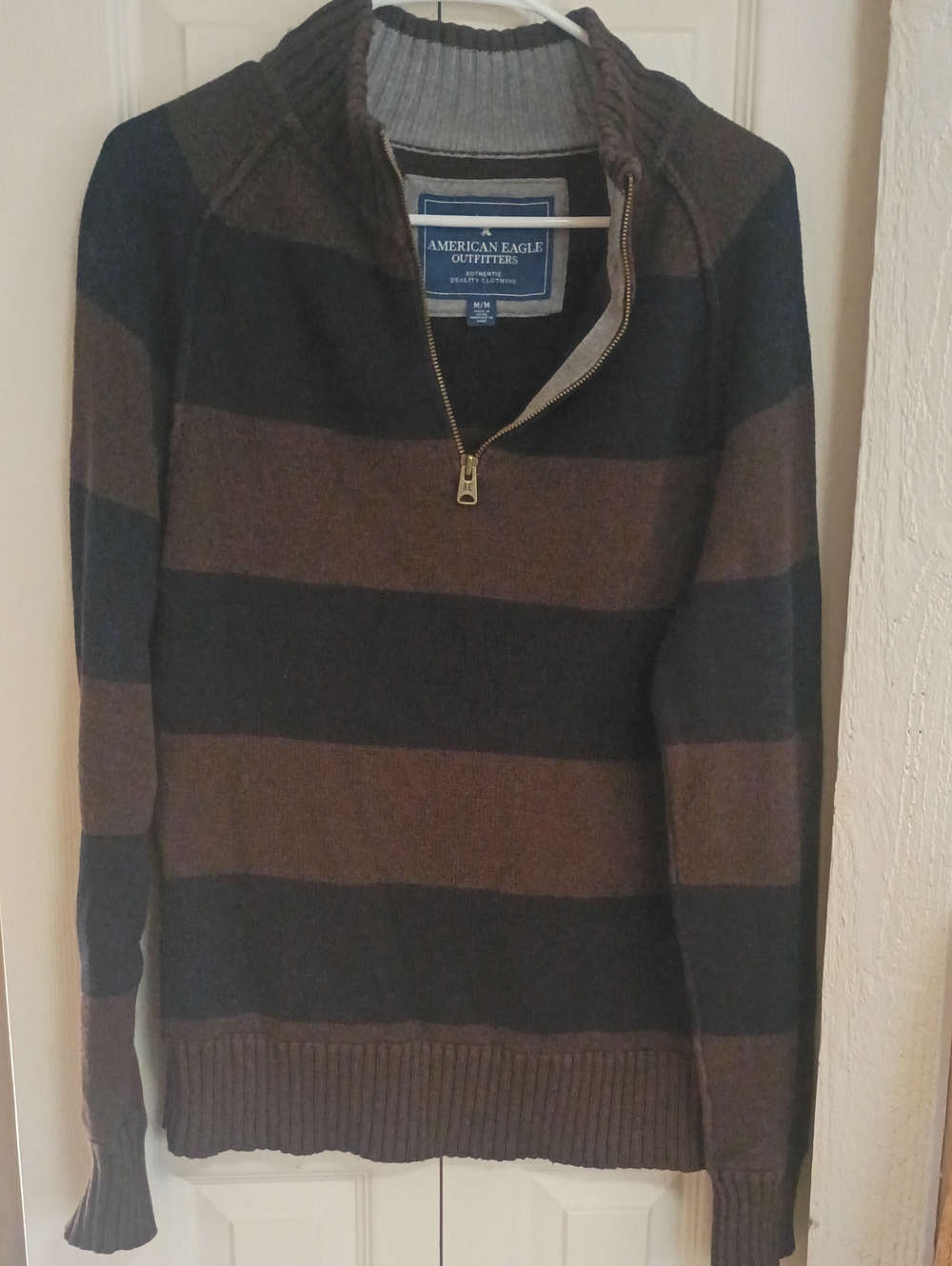 American Eagle Outfitters Brown and Black Striped Half-Zip Sweater